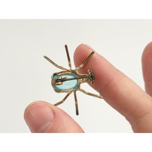 Spider Figural Blue Glass Jelly Belly Body Gold Toned Vintage Jewelry Brooch Pin - Picture 9 of 10